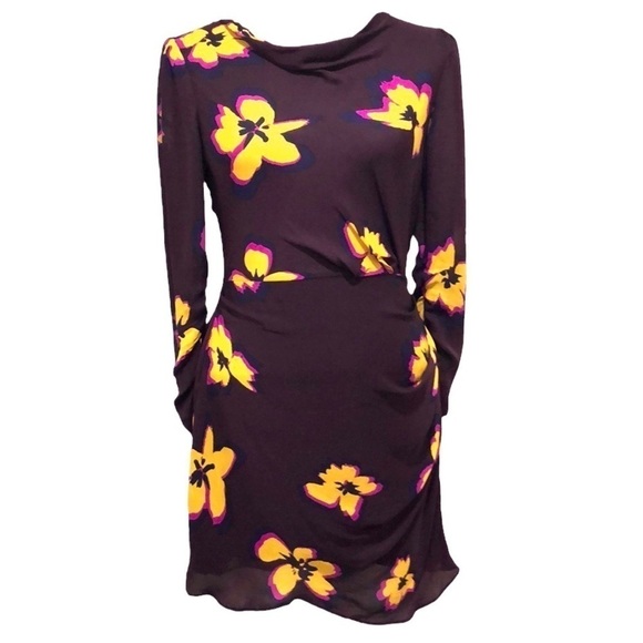 A.L.C Grace Dress Size 4 Dark Brown Silk Floral Cowl Neck Ruched Mini - Picture 1 of 12